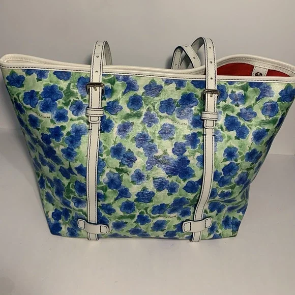 Dooney & Bourke Blue Floral Coated Canvas Tote Shoulder Bag White Trim - Picture 3 of 14